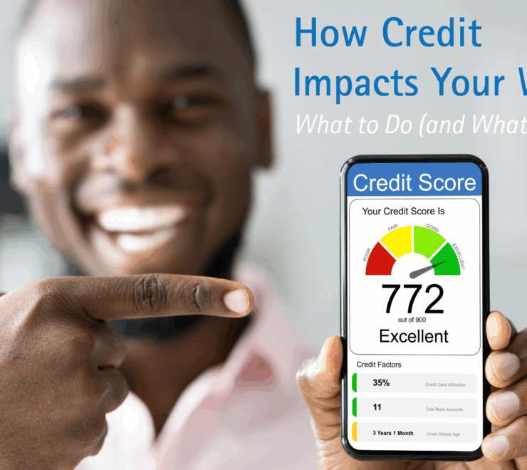 Man smiling and pointing to his phone with a 772 credit score