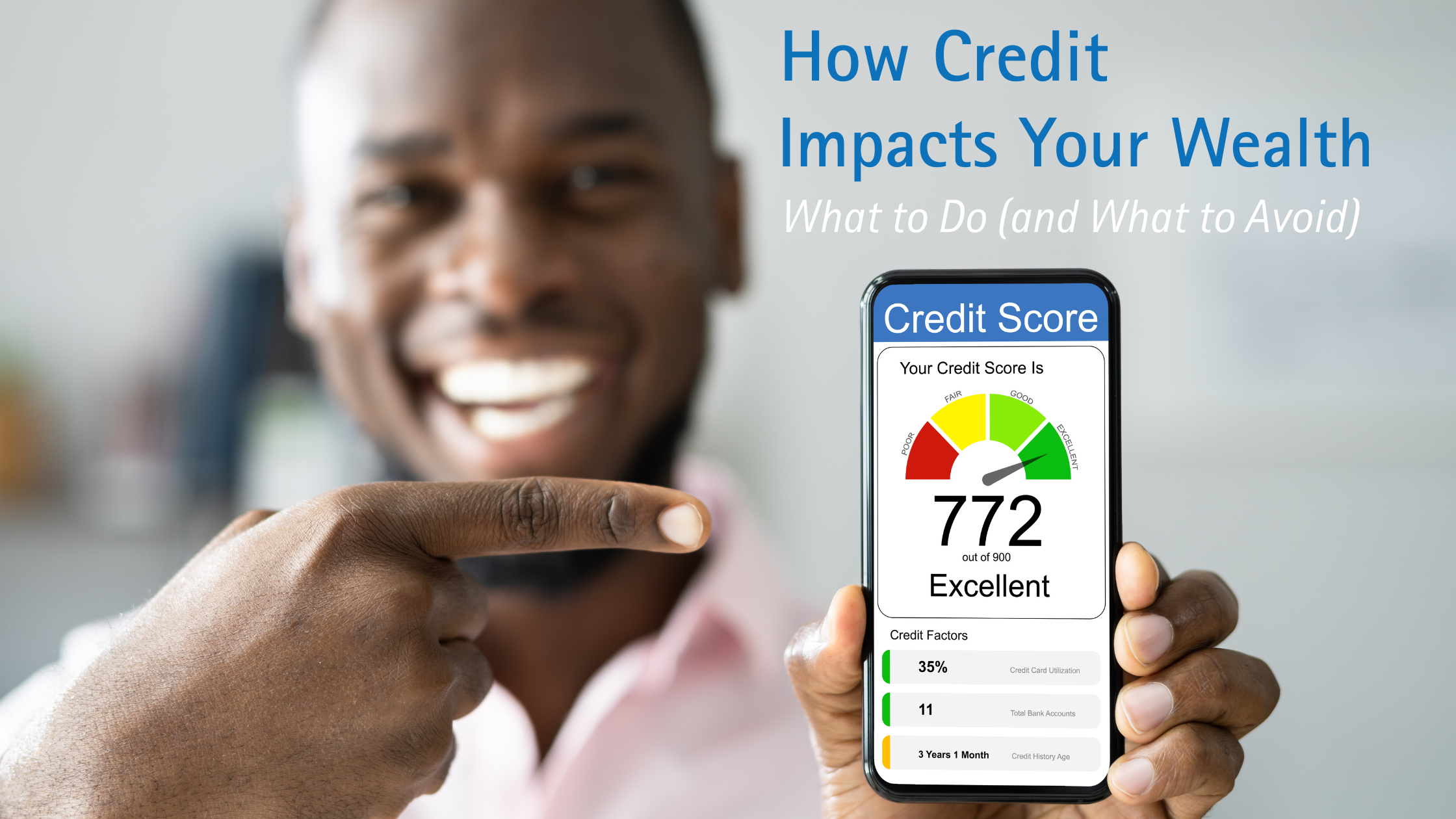 Man smiling and pointing to his phone with a 772 credit score