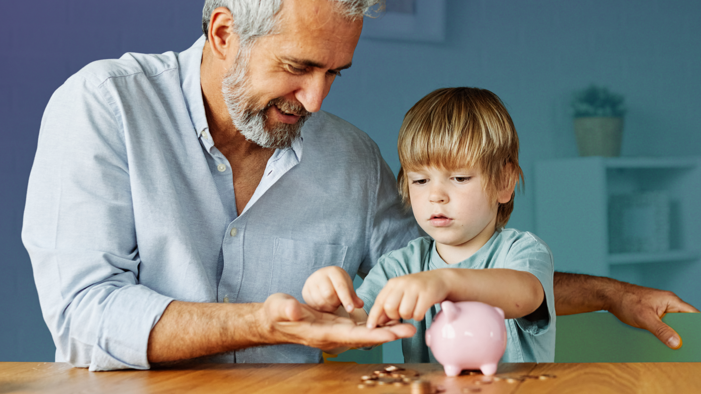 A smiling grandfather and young grandson sitting at a table together, counting coins from a pink piggy bank. This image represents the intergenerational wealth-building potential of Trump Accounts and long-term financial planning for children.